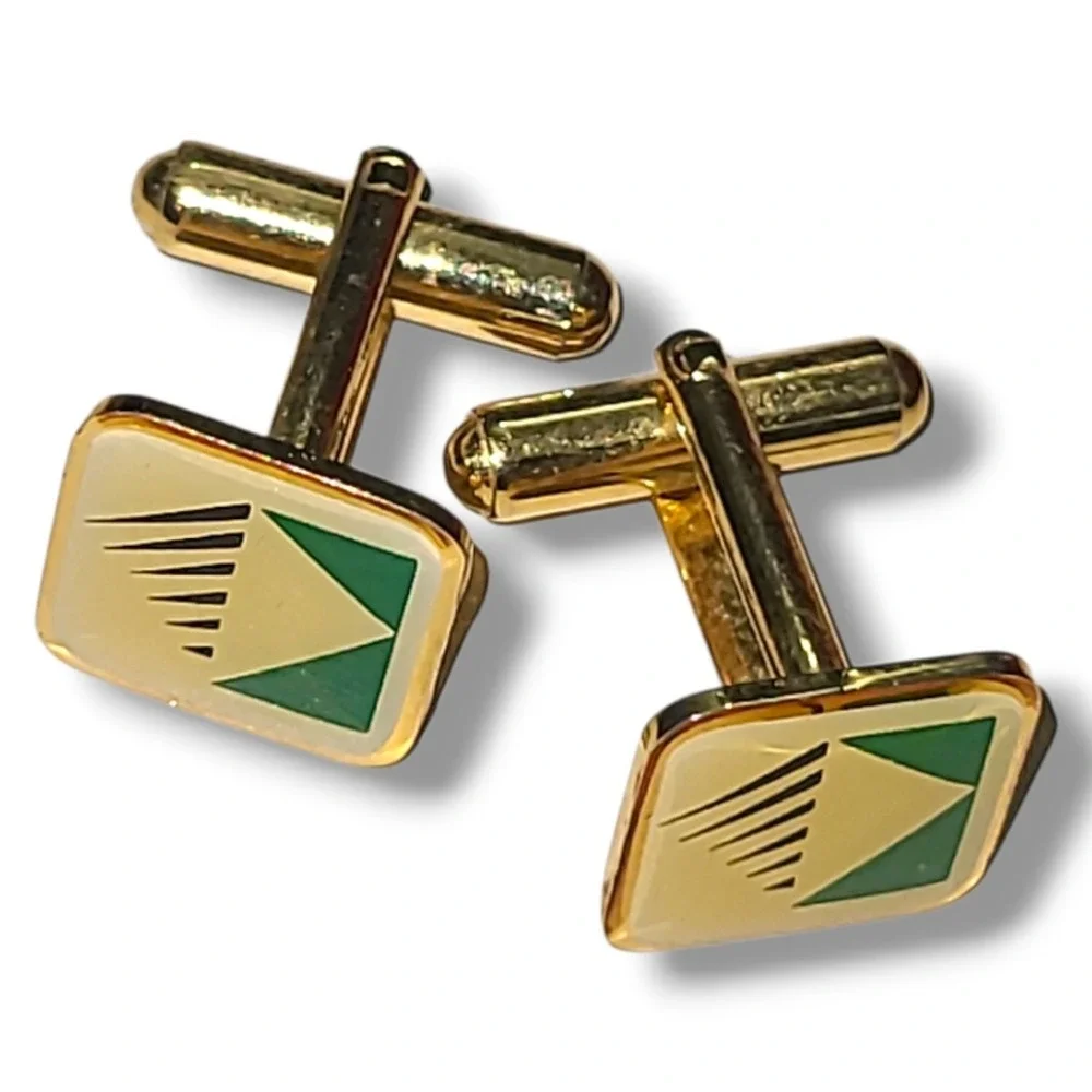 Vintage Gold Tone Green Cream Enamel Geometric Cufflinks Men's Retro Mid Century